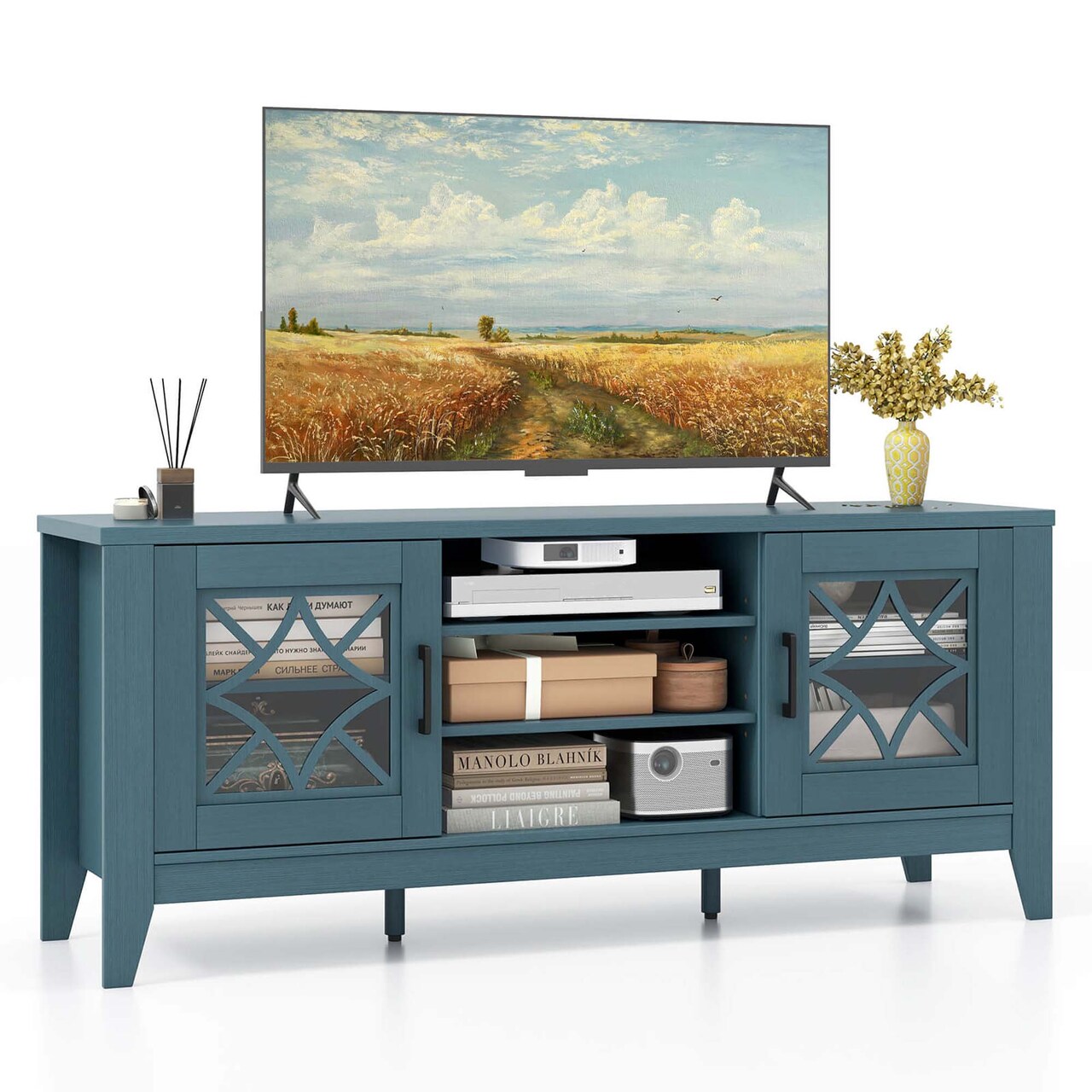 Costway TV Stand for TVs up to 65" with 3-Position Adjustable Shelves Tempered Glass Doors Black/Teal Blue